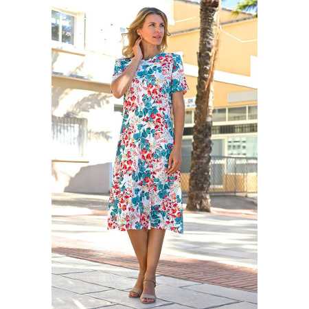 Robe médicalisée femme senior - blanche à fleurs