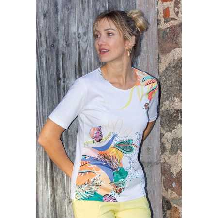 Tee-shirt manches courtes blanc motif imprimé femme ouverture dos par pressions