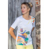 Tee-shirt manches courtes blanc motif imprimé femme ouverture dos par pressions