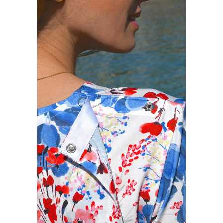 top haut médicalisé femme ouverture dos pressions motif fleuri bleu zoom