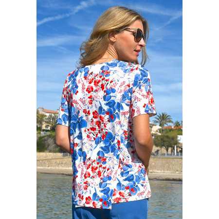 top haut médicalisé femme ouverture dos pressions motif fleuri bleu dos