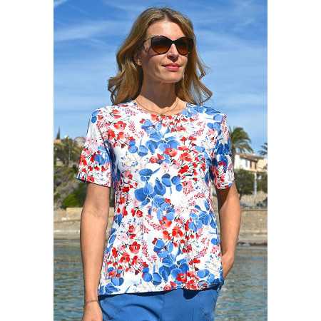 top haut médicalisé femme ouverture dos pressions motif fleuri bleu