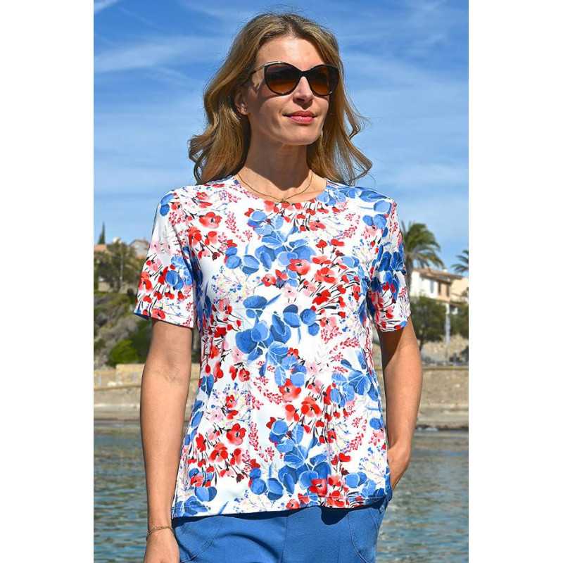 top haut médicalisé femme ouverture dos pressions motif fleuri bleu