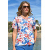 top haut médicalisé femme ouverture dos pressions motif fleuri bleu