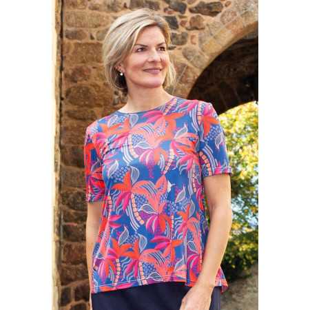 Tee-shirt manches courtes été femme senior dépendante marine fleuri