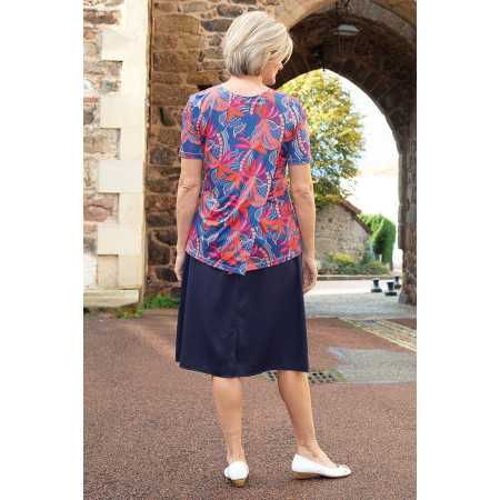 Tee-shirt manches courtes été femme senior dépendante marine fleuri dos tenue