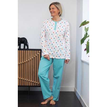 Pyjama femme senior facile à enfiler coton coloris bleu
