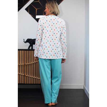 Pyjama femme senior facile à enfiler coton coloris bleu  dos