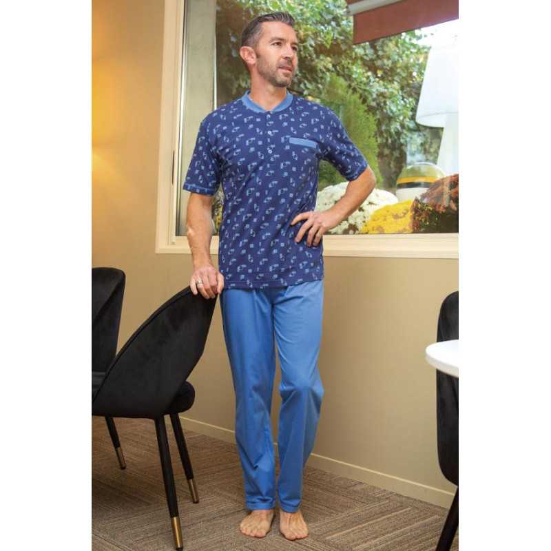 Pyjama homme manches courtes homme senior coloris bleu facile à enfiler