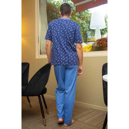 Pyjama homme manches courtes homme senior coloris bleu facile à enfiler dos