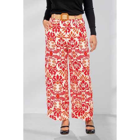 Pantalon fluide ceinture élastiquée femme senior coloris rouge fleuri