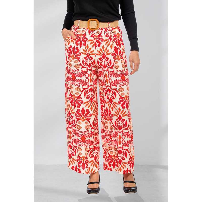 Pantalon fluide ceinture élastiquée femme senior coloris rouge fleuri