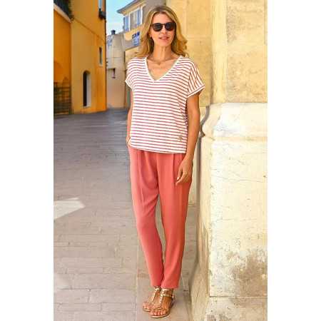 Pantalon fluide droit ceinture élastiquée femme senior coloris saumon tenue