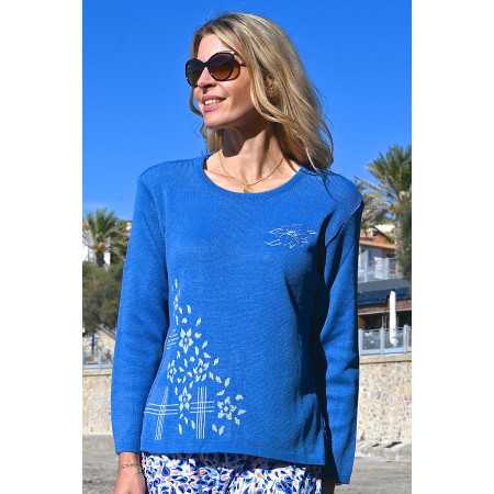 Pull femme senior fentes broderie coloris bleu