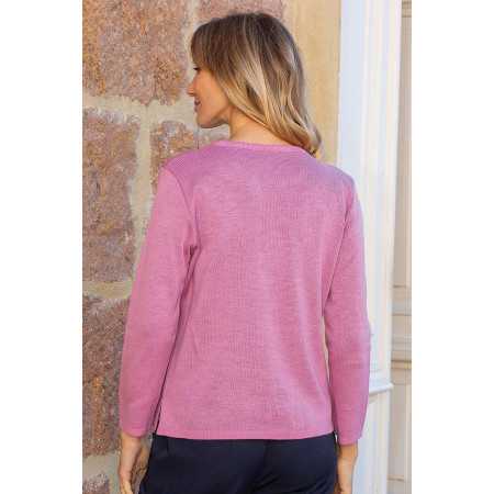 Pull femme senior fentes broderie coloris rose dos