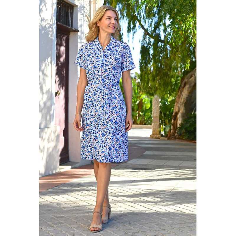 Robe pratique à enfiler femme 3 boutons coloris bleu fleuri