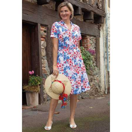 Robe 3 boutons avant femme senior fleurs rouges et bleues