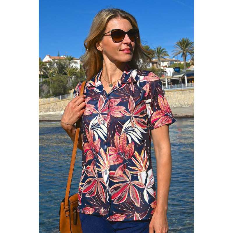 Chemisier femme senior facile à enfiler - marine tropical