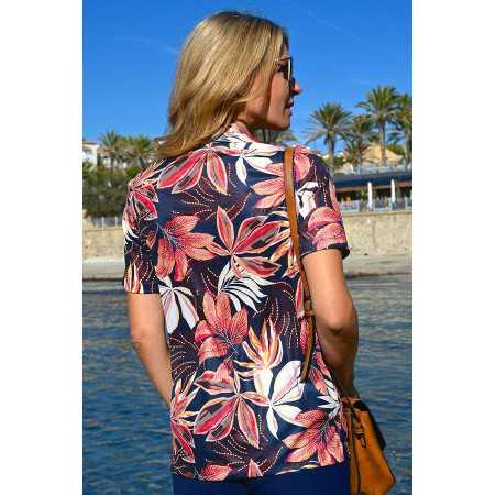 Chemisier femme senior facile à enfiler - marine tropical dos