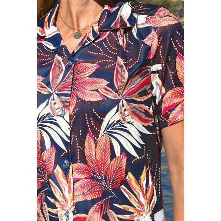 Chemisier femme senior facile à enfiler - marine tropical zoom