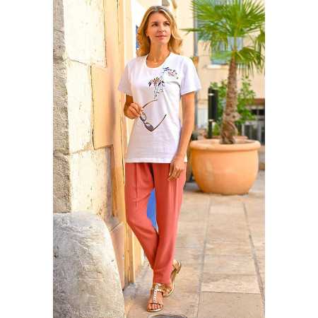 Top blanc manches courtes femme senior broderie tenue