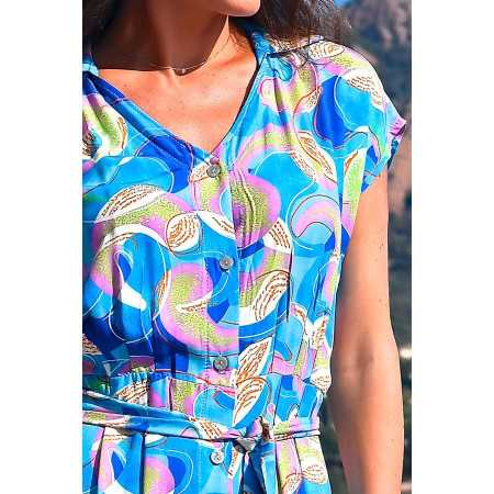 Robe bleue femme senior facile à enfiler boutons à l'avant  zoom
