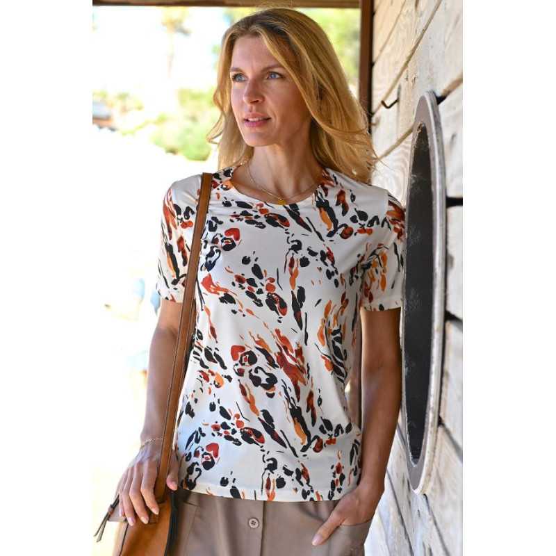 Top t-shirt blanc motifs orange femme senior