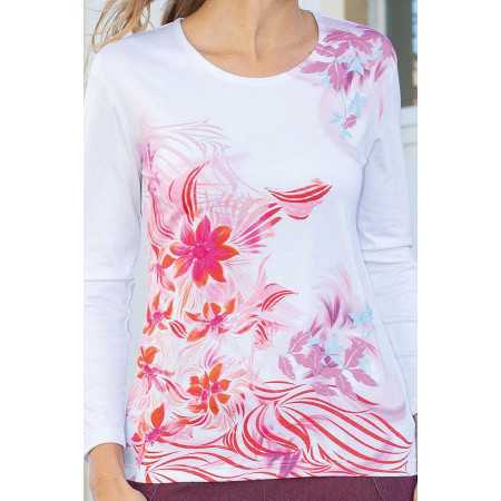 Tee-shirt manches longues femme senior confortable motif rose zoom