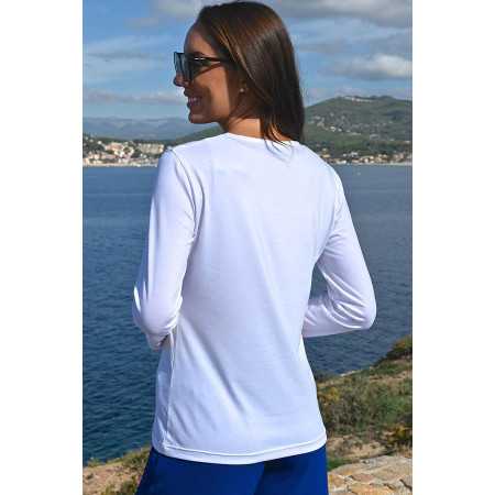 T-shirt manches longues pour femme senior blanc avec motifs feuilles bleues dos