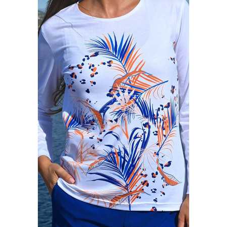 T-shirt manches longues pour femme senior blanc avec motifs feuilles bleues zoom