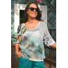 Pull manches longues fin motif tropical turquoise femme senior