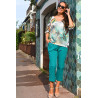 Pull manches longues fin motif tropical turquoise femme senior tenue