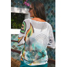 Pull manches longues fin motif tropical turquoise femme senior dos