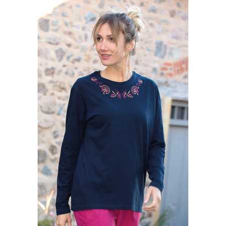 Pull manches longues marine broderie fleur rose