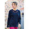 Pull manches longues marine broderie fleur rose