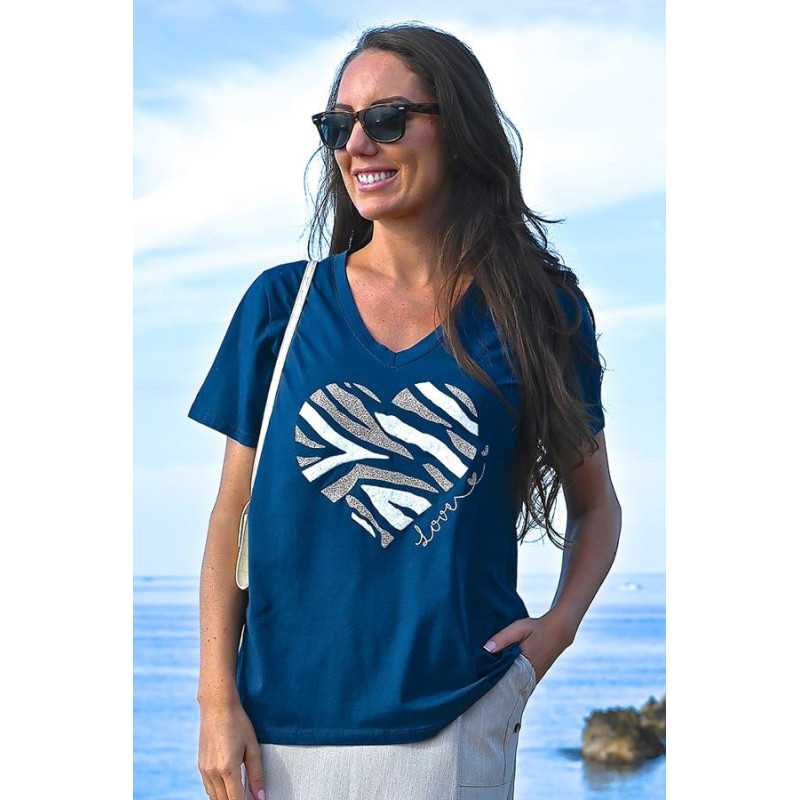Tee-shirt motif coeur femme senior - manches courtes - coton