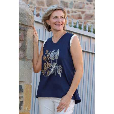Débardeur femme coloris marine ample feuille dorée
