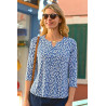 pull manches 3/4 col tunisien femme senior bleu avec fleurs