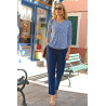 pull manches 3/4 col tunisien femme senior bleu avec fleurs tenue