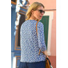 pull manches 3/4 col tunisien femme senior bleu avec fleurs dos