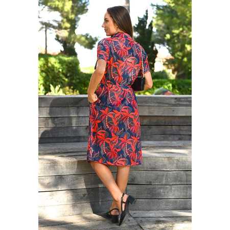 Robe pour femme agée ouverture facile devant par boutons marine et rouge fleurs dos