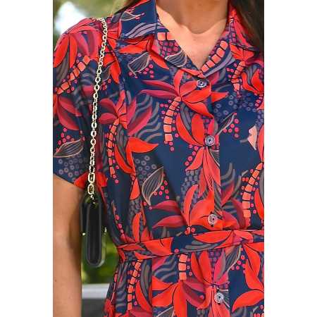 Robe pour femme agée ouverture facile devant par boutons marine et rouge fleurs zoom
