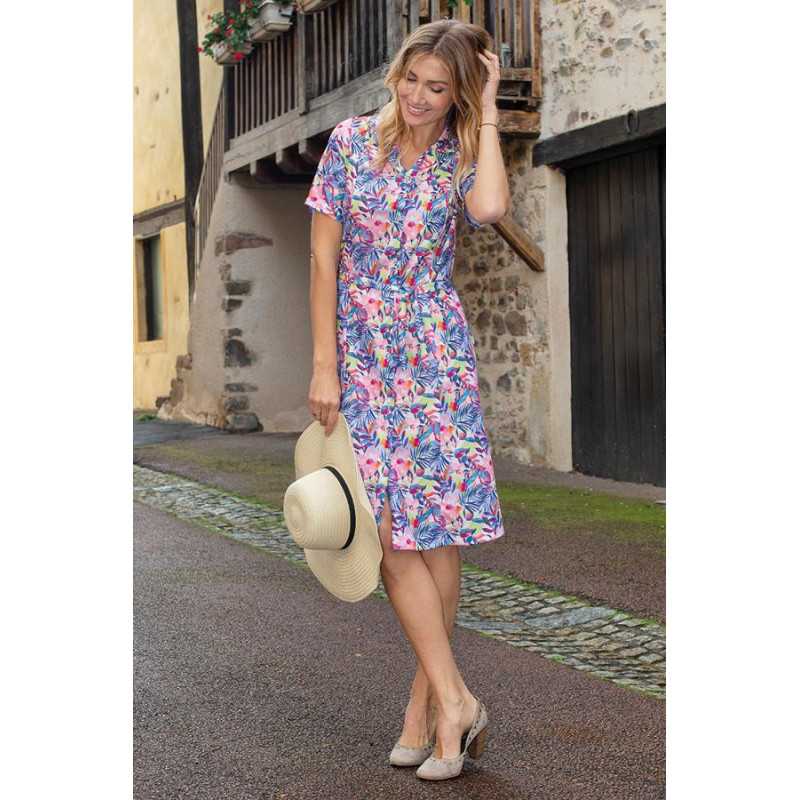 Robe femme senior manches courtes boutons à l'avant colorées printemps