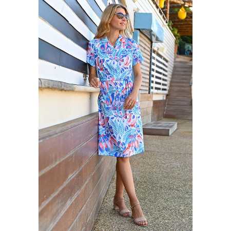 Robe femme senior motif fleur bleu et rose ouverture boutons avant