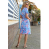 Robe femme senior motif fleur bleu et rose ouverture boutons avant dos