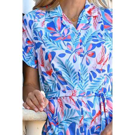 Robe femme senior motif fleur bleu et rose ouverture boutons avant zoom