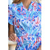 Robe femme senior motif fleur bleu et rose ouverture boutons avant zoom