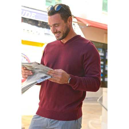 Pull coton homme senior col pointe confortable coloris bordeaux