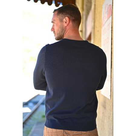 Pull coton homme senior col pointe confortable coloris marine dos