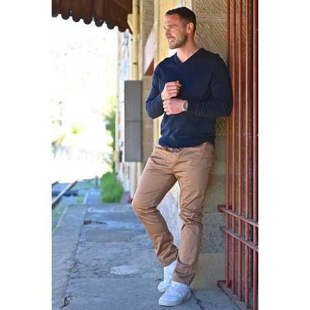 Pull coton homme senior col pointe confortable coloris marine tenue